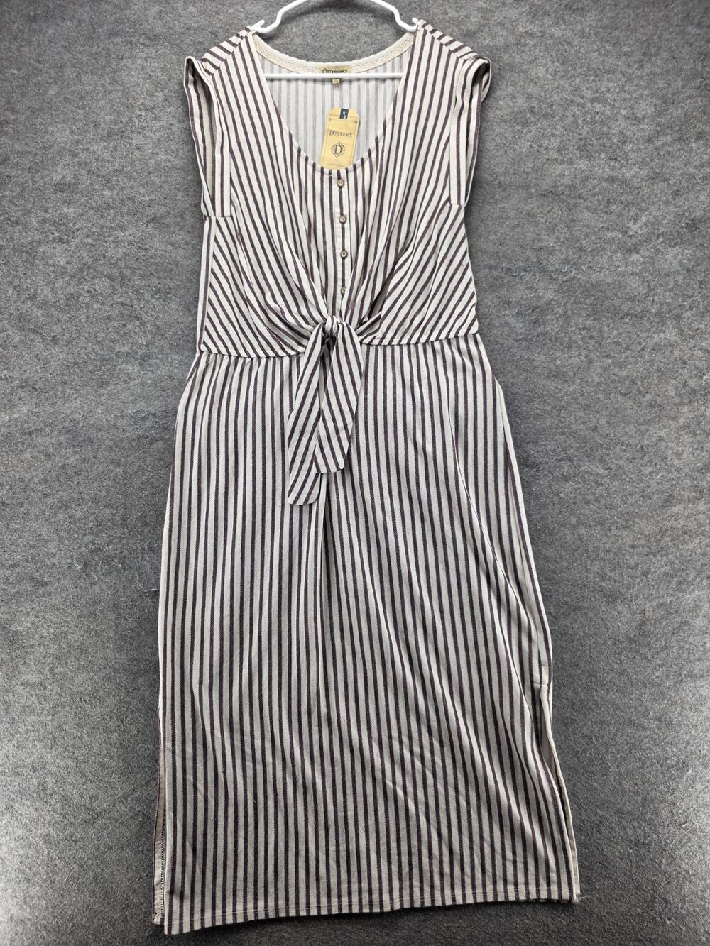 Democracy Dress Womens L White Striped Sundress Midi Scoop Neck Tie Front Jersey